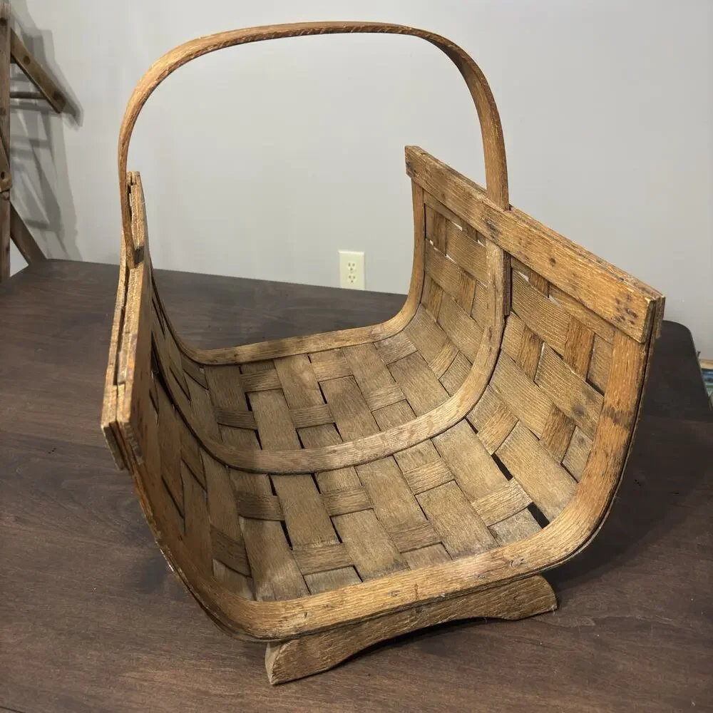 Vtg Lg Wood Fireplace Log Kindling Basket Caddy American Primitive Rustic Cabin